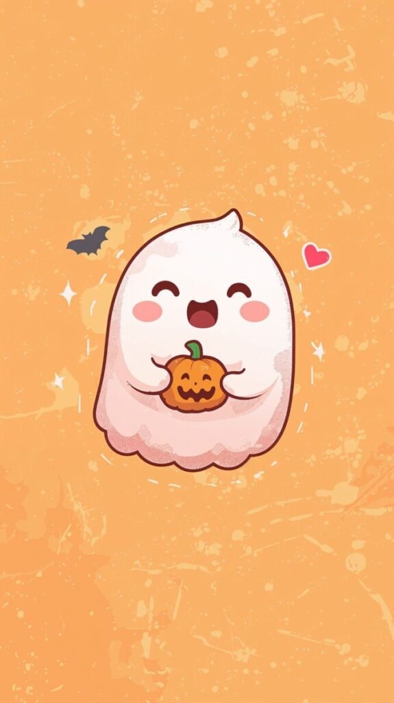 Cute Kawaii Halloween Wallpaper HD of a happy ghost holding a tiny pumpkin, perfect for iPhone and Android.