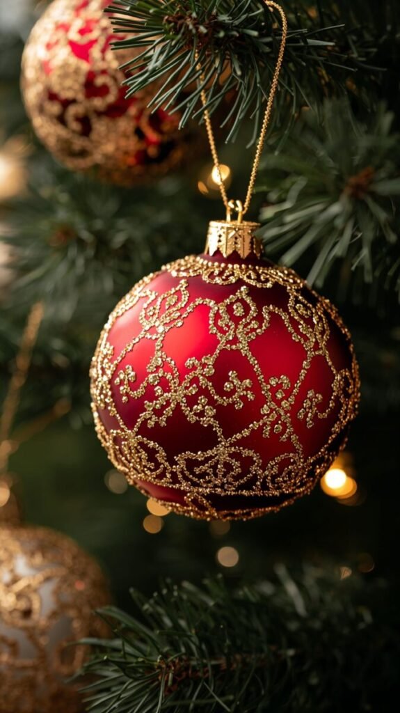 Aesthetic Christmas wallpaper HD/4K for iPhone featuring close-up of twinkling gold and red ornaments.