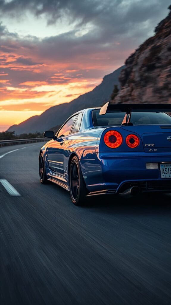 Blue Nissan Skyline R34 speeding on winding road mobile wallpaper