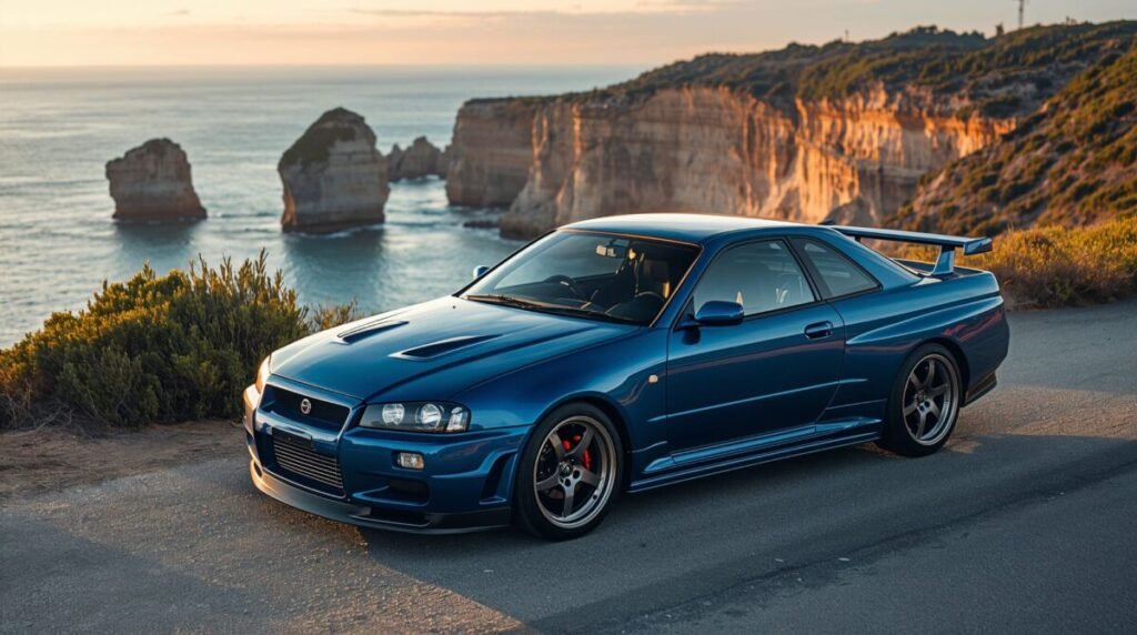 Classic Bayside Blue R34 GTR with sleek lighting desktop background