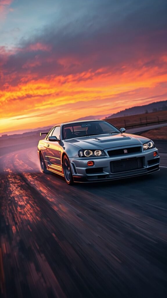 Legendary Nissan R34 GTR on sleek asphalt mobile wallpaper