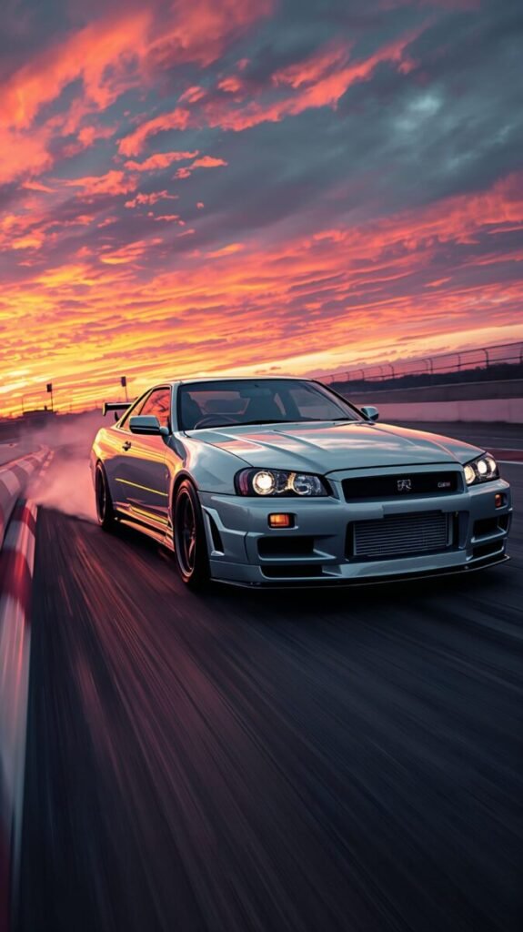 R34 GTR from the side on an empty street mobile wallpaper
