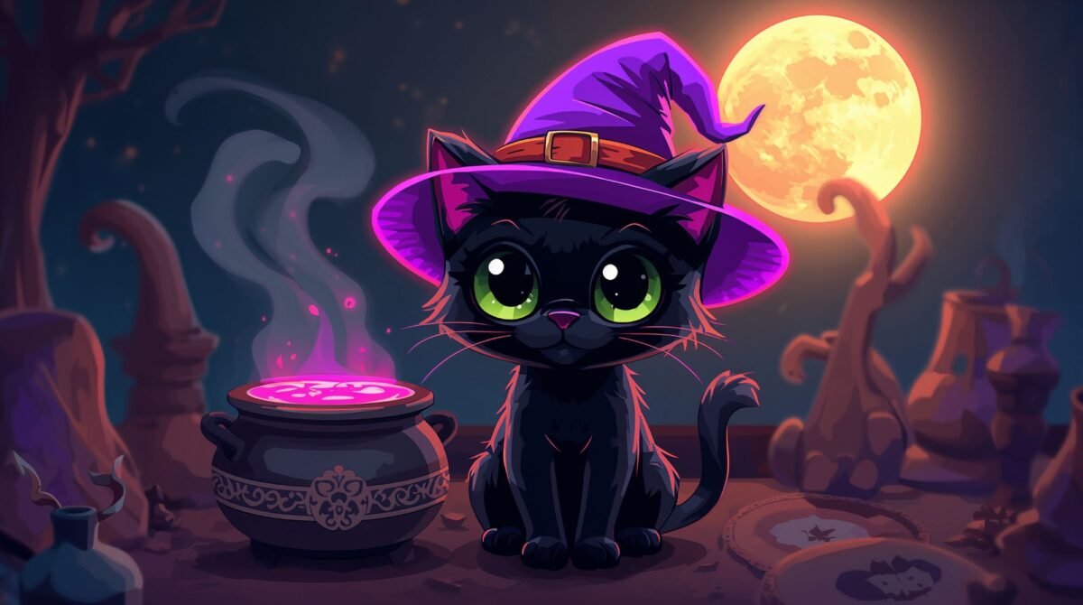 Free spooky cute 4K wallpaper image of a black cat with a witch hat and pink cauldron, ideal as an aesthetic high-resolution background.