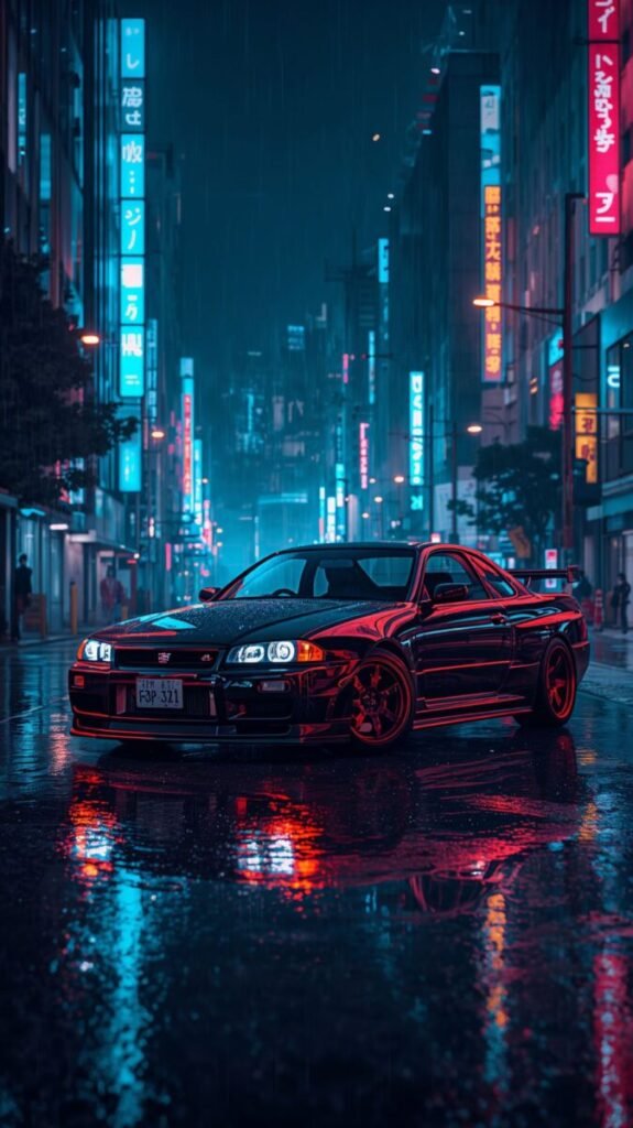 Skyline GTR R34 parked under vibrant neon lights phone wallpaper