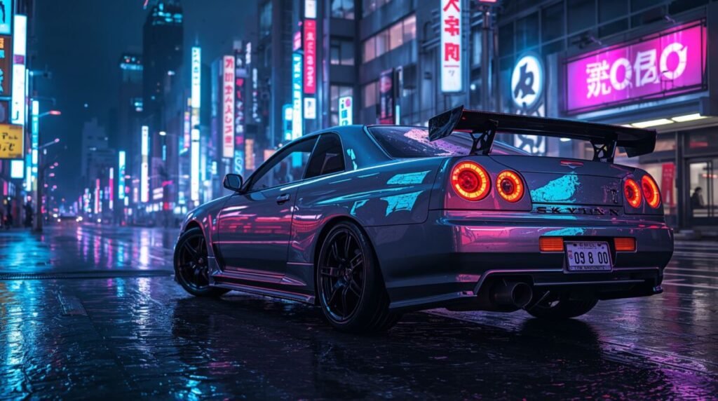 Metallic Gray Skyline GTR R34 front view desktop background
