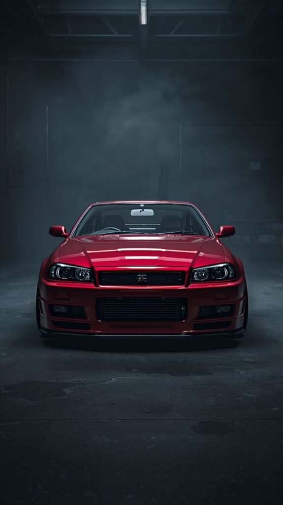 Dark garage shot of Nissan Skyline R34 front view mobile wallpaper