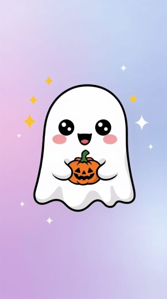 Cute Kawaii Halloween Wallpaper HD of a happy ghost holding a tiny pumpkin, perfect for iPhone and Android.