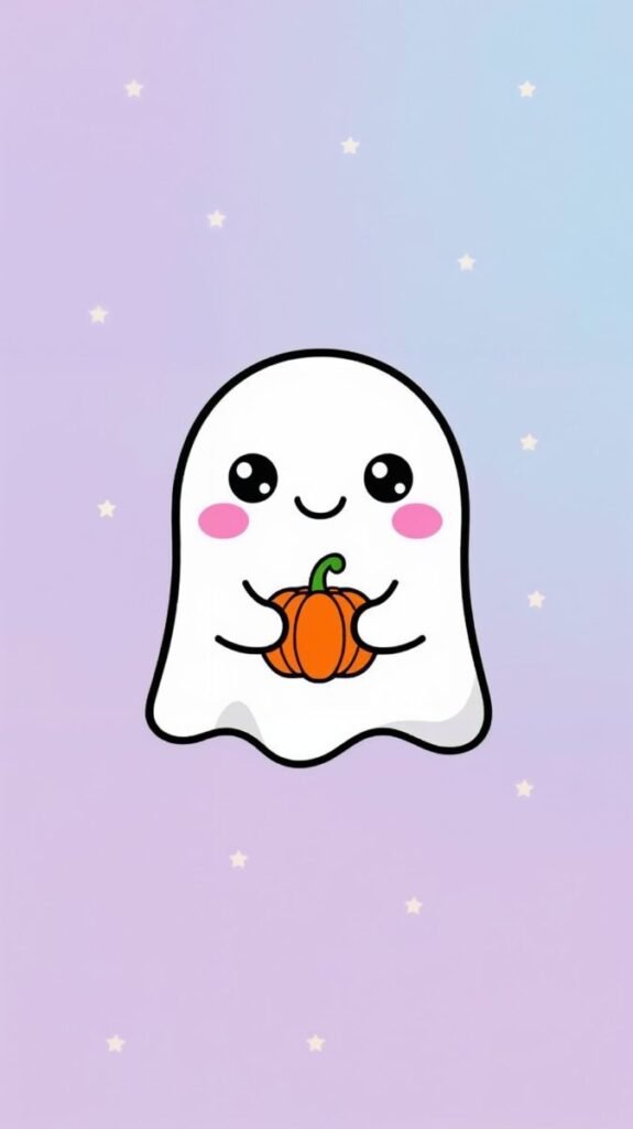 Cute Kawaii Halloween Wallpaper HD of a happy ghost holding a tiny pumpkin, perfect for iPhone and Android.