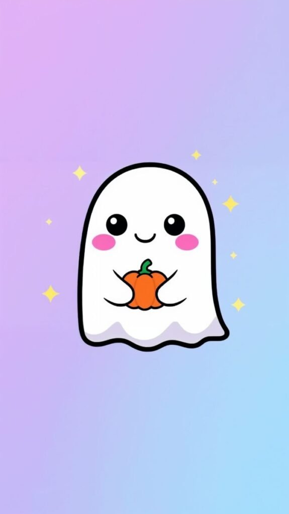 Cute Kawaii Halloween Wallpaper HD of a happy ghost holding a tiny pumpkin, perfect for iPhone and Android.