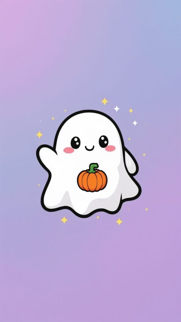 Cute Kawaii Halloween Wallpaper HD of a happy ghost holding a tiny pumpkin, perfect for iPhone and Android.