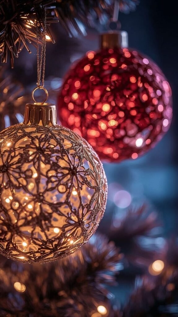 Aesthetic Christmas wallpaper HD/4K for iPhone featuring close-up of twinkling gold and red ornaments.