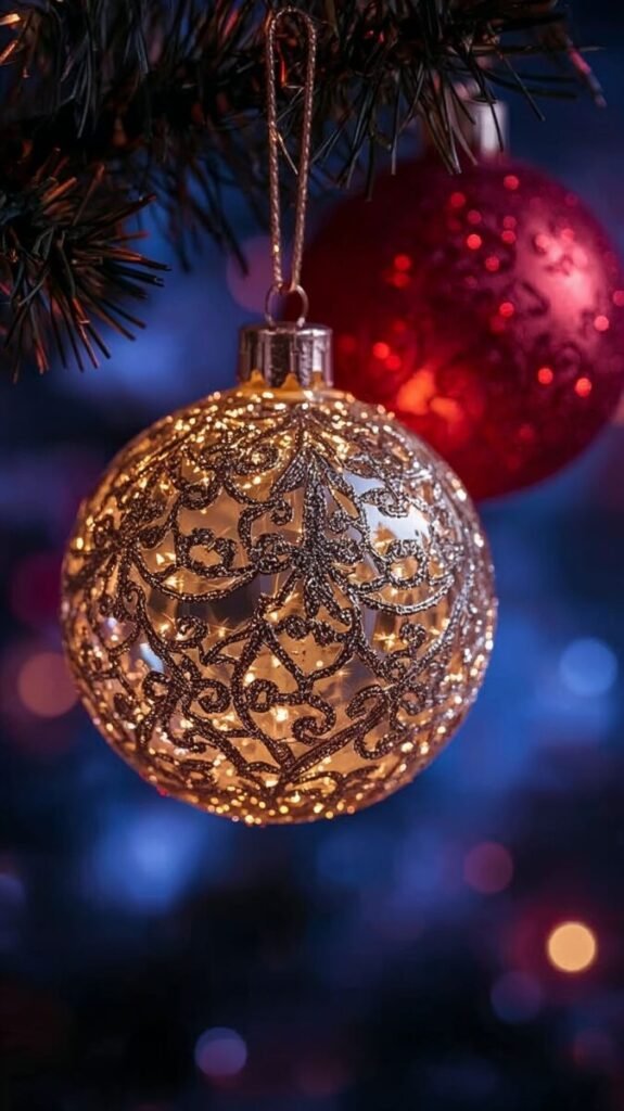 Aesthetic Christmas wallpaper HD/4K for iPhone featuring close-up of twinkling gold and red ornaments.