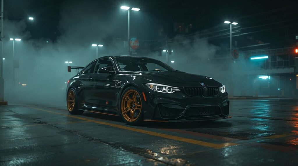 Lucid realism rear view of a black and golden BMW M4 car