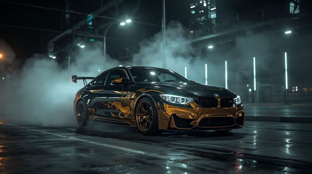 Street racing scene with BMW M4 car in golden yellow and black finish