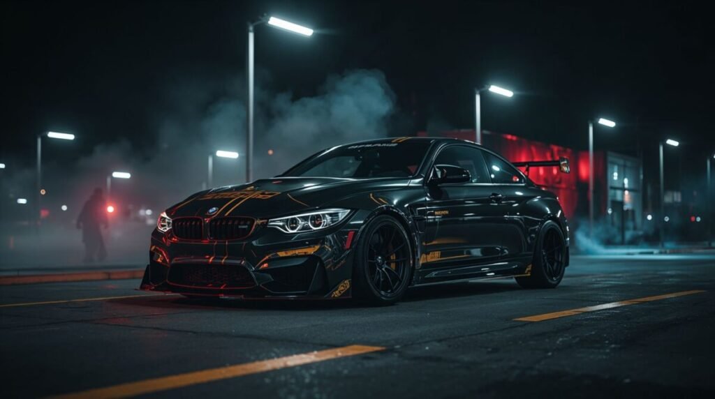 Night shot of the powerful BMW M4 car in high-resolution 4K
