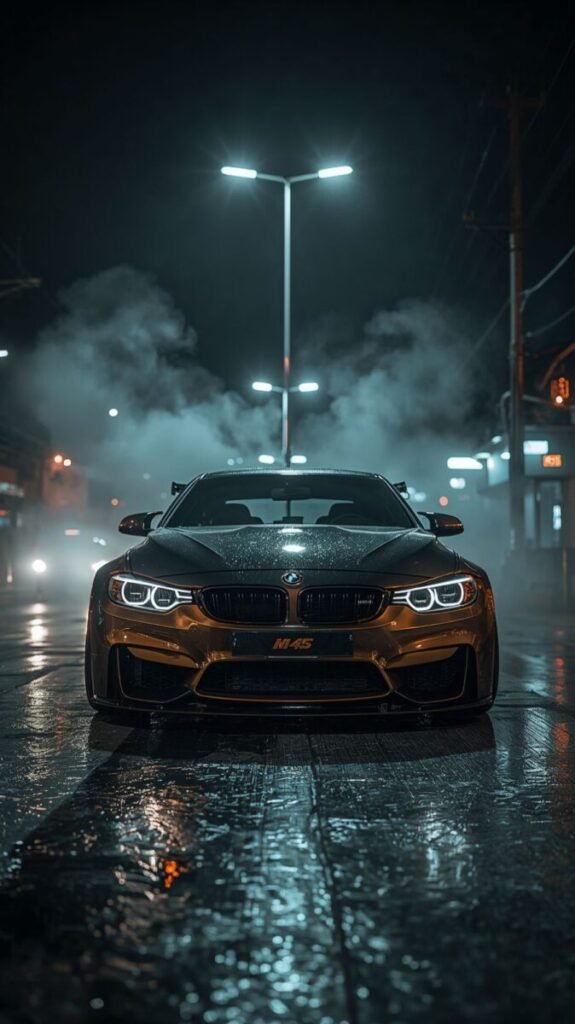 High-resolution street racing BMW M4 in black and gold color scheme