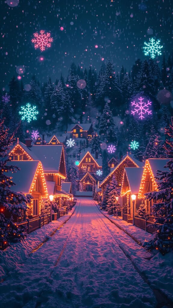 Mobile Christmas Wallpaper: Beautiful snowy Christmas village illuminated with lanterns