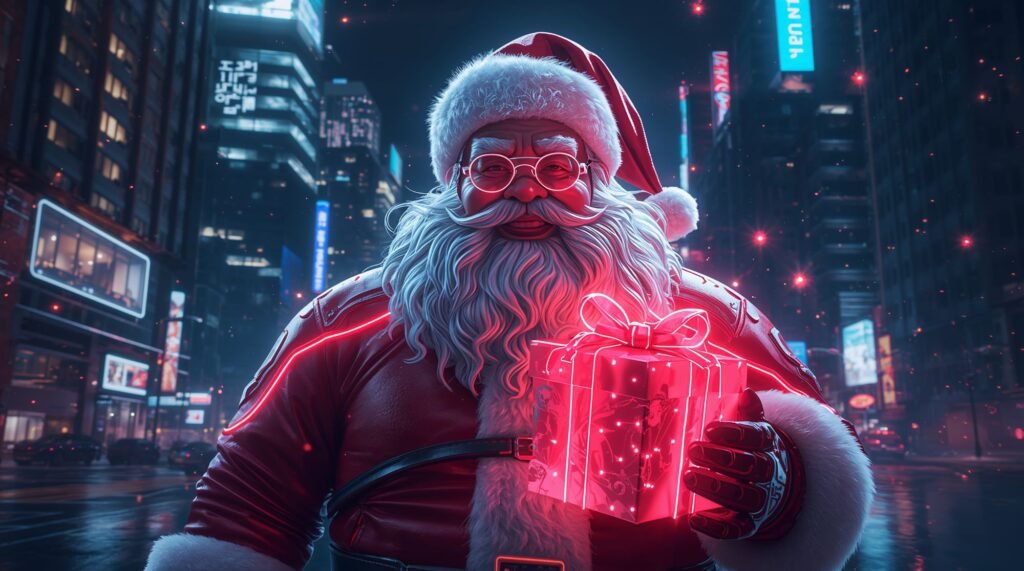 Free Download: Lucid origin futuristic neon Santa Claus wallpaper