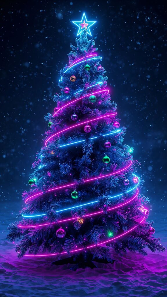 Vertical Christmas Wallpaper: Neon style Christmas tree glowing in the winter night
