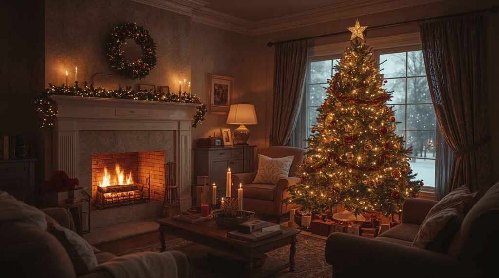 Warm Cozy Christmas Room: Desktop background with a crackling fireplace and glowing tree