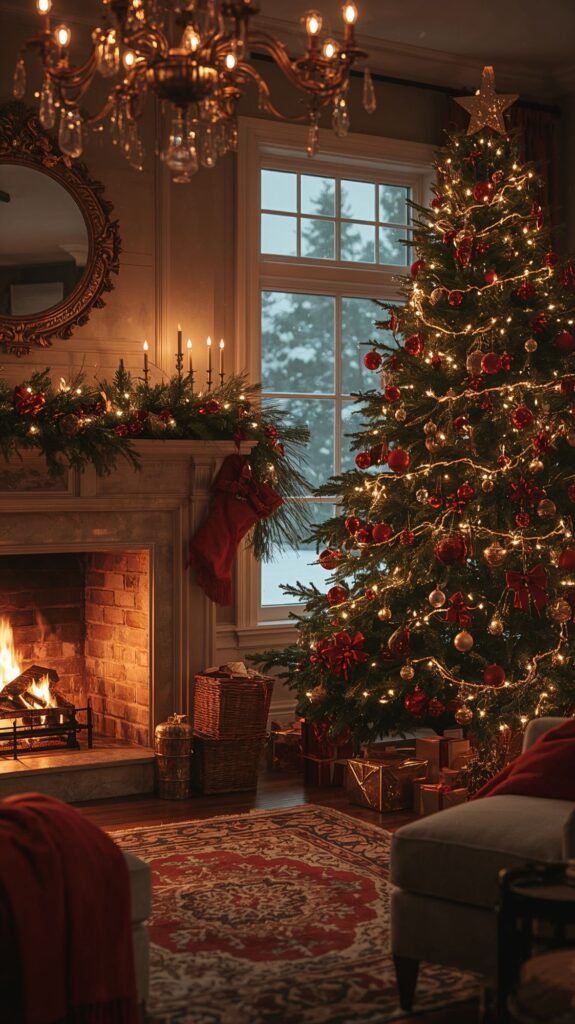Cozy Christmas Room Mobile Background: Warm room with crackling fireplace and festive decor