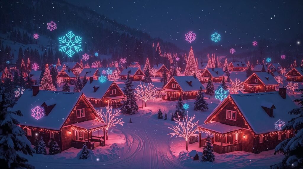4K Snowy Christmas Village: Lucid realism illuminated snowy scene
