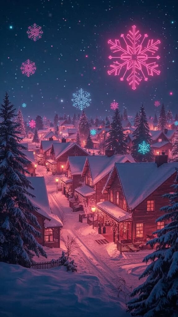 Phone Wallpaper: Lucid realism snowy Christmas village with warm illumination