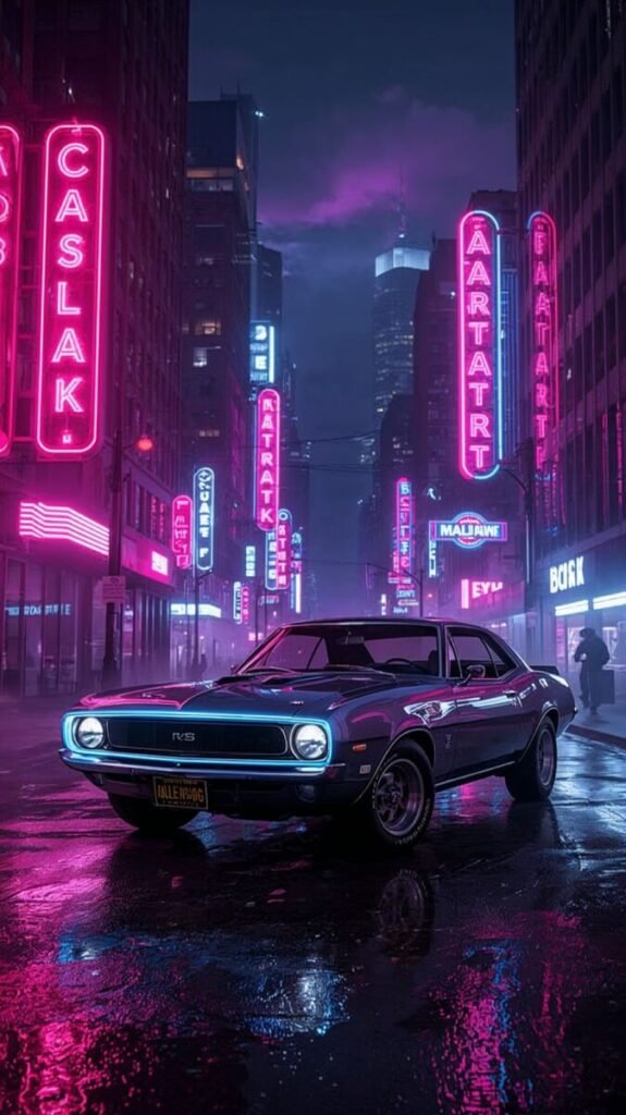 Portrait view of a classic American muscle car with bright chrome accents, mobile background.