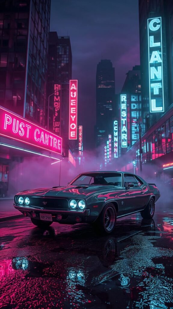 Classic muscle car wallpaper, vertical format, showing detailed chrome and glowing lights.