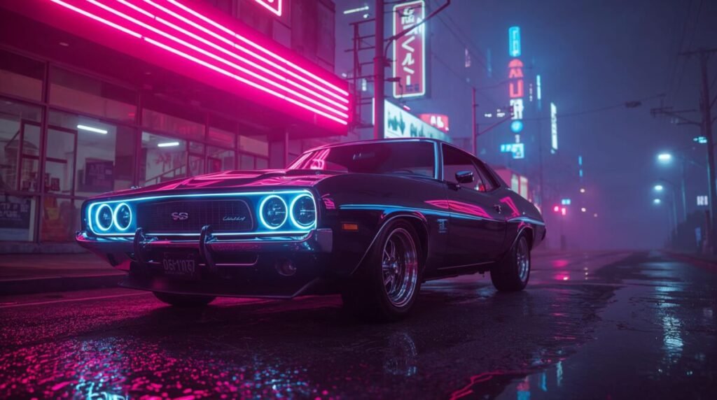 Desktop wallpaper of a retro muscle car accented with vibrant neon blue and purple light.