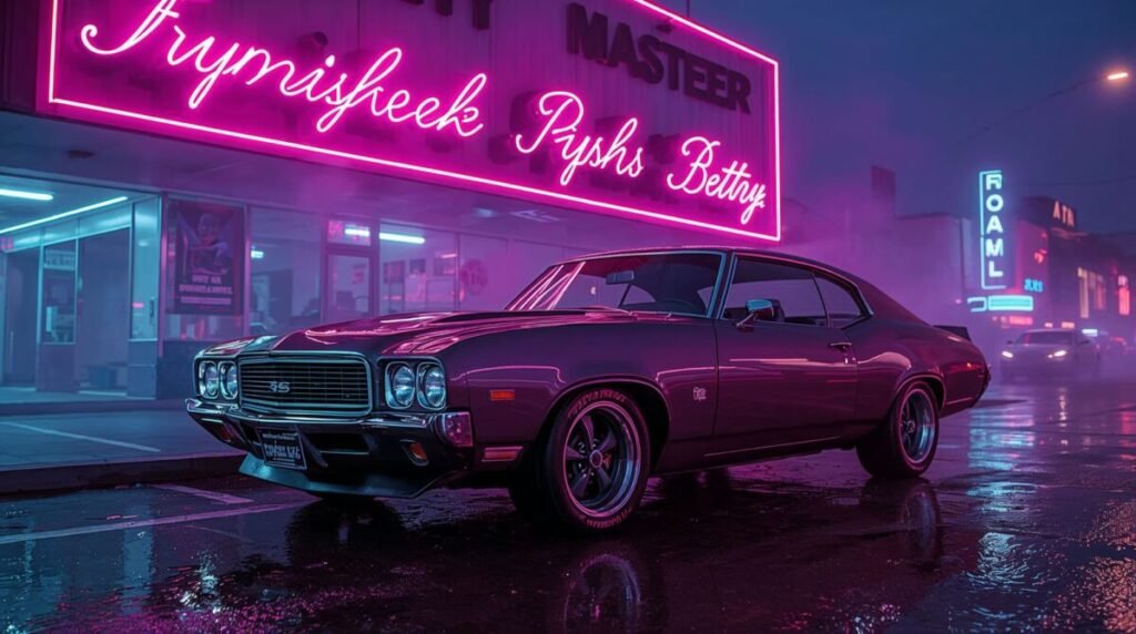 Classic muscle car with sleek lines and glowing cyberpunk accents, high-resolution.