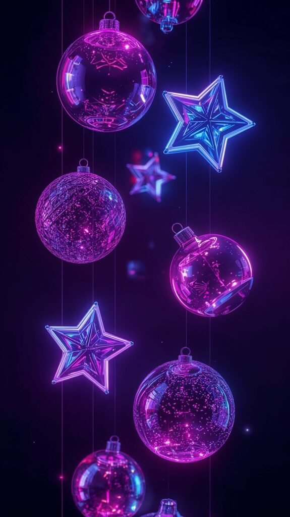 Mobile Neon Ornaments: Vertical wallpaper with floating, glowing neon Christmas ornaments