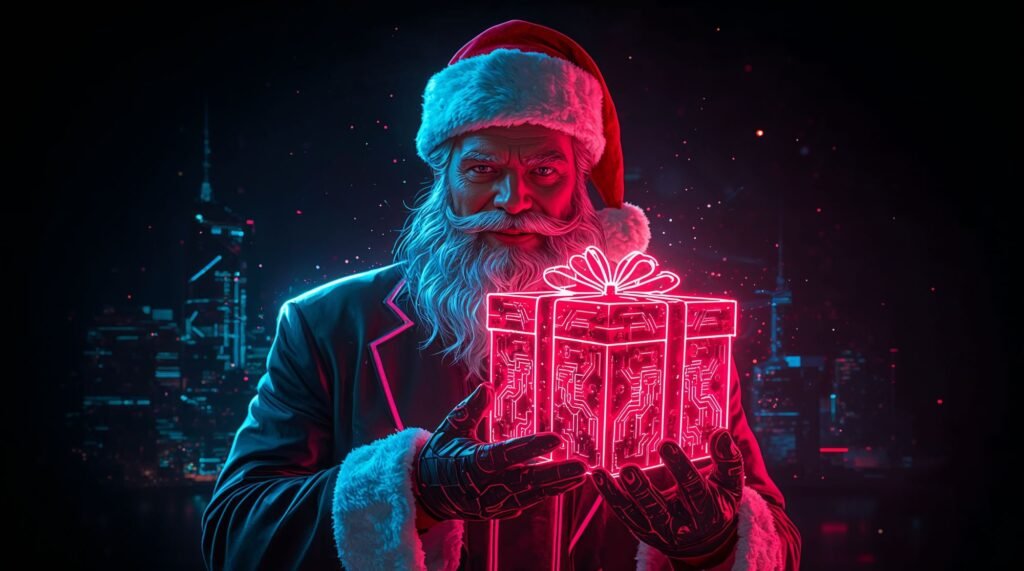 Desktop Wallpaper: Lucid realism futuristic neon Santa Claus with sharp facial features