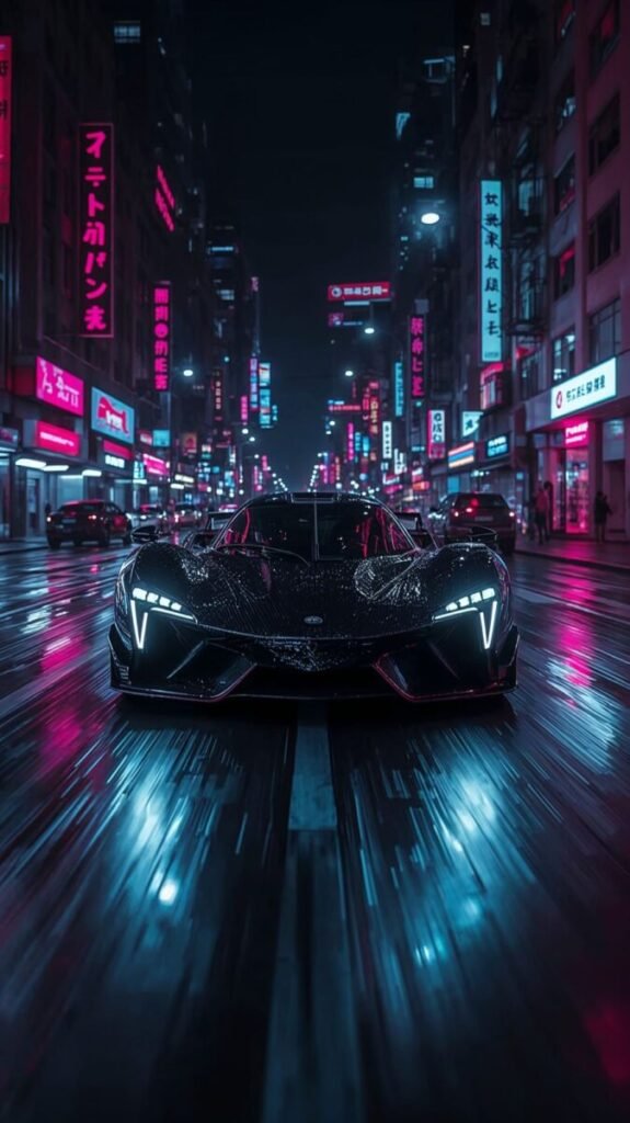 Portrait automotive wallpaper of a vehicle with vivid neon accents in a dark setting.