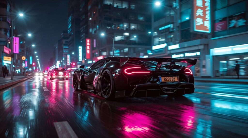 HD car background of a sleek, futuristic concept car speeding on a neon highway.