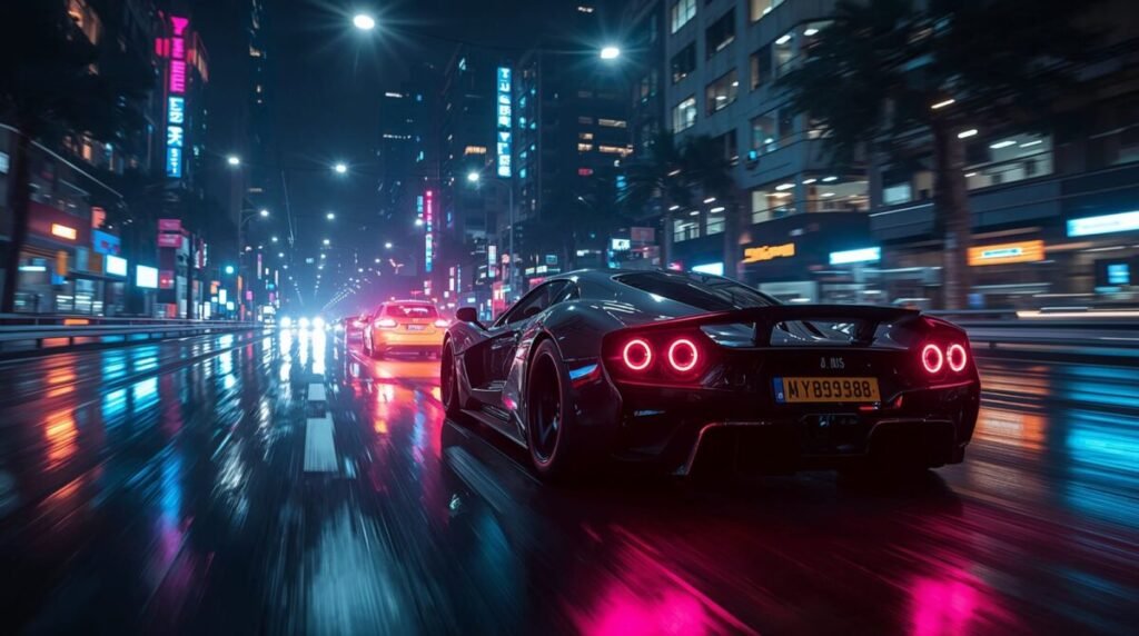 Futuristic supercar speeding through a neon-lit cyberpunk city, high-resolution automotive wallpaper.