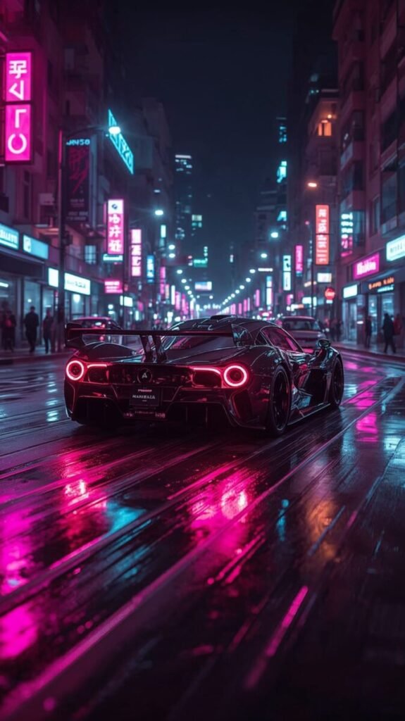 Futuristic sports car speeding, ideal for mobile phone car backgrounds.