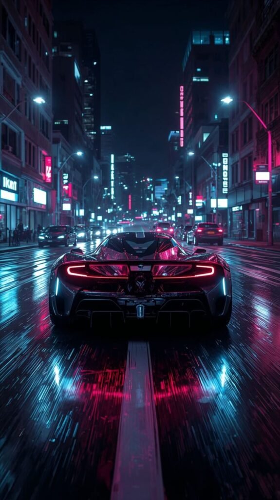 Vertical mobile wallpaper featuring a sci-fi inspired supercar in a glowing environment.