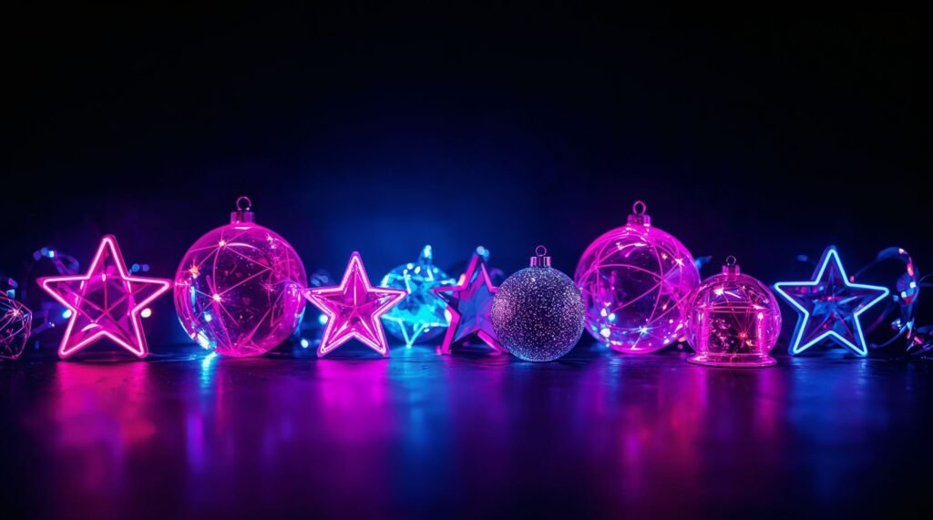 4K Neon Christmas Ornaments: Lucid realism glowing spherical neon ornaments