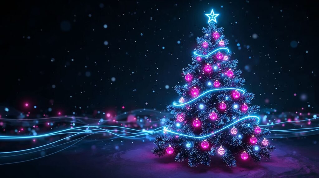 4K Christmas Wallpaper: Ultral detailed neon style Christmas tree glowing in dark