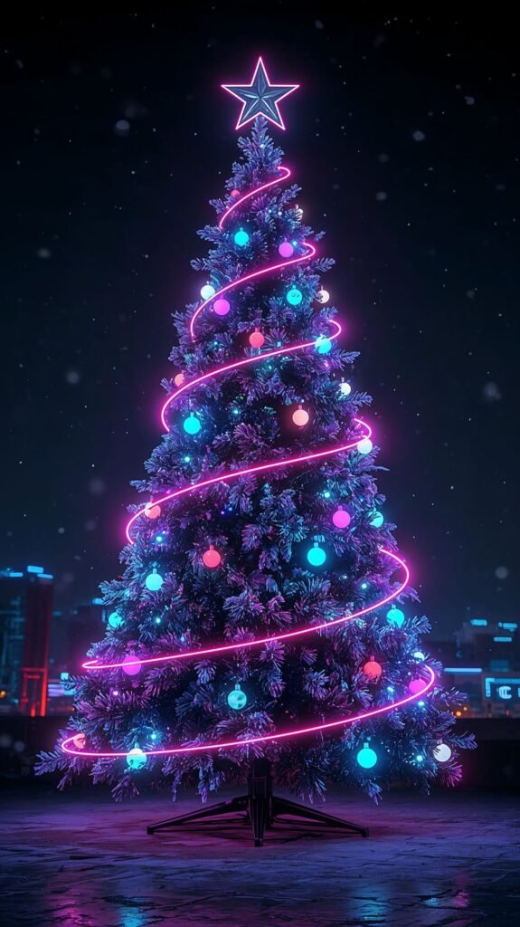 Neon Christmas Tree: Vertical ultradetailed neon style tree wallpaper