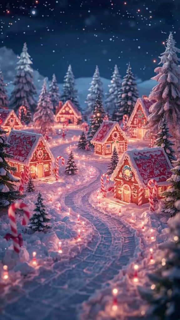 Vibrant Christmas Candy Land: Vertical wallpaper with striped candy canes and festive treats