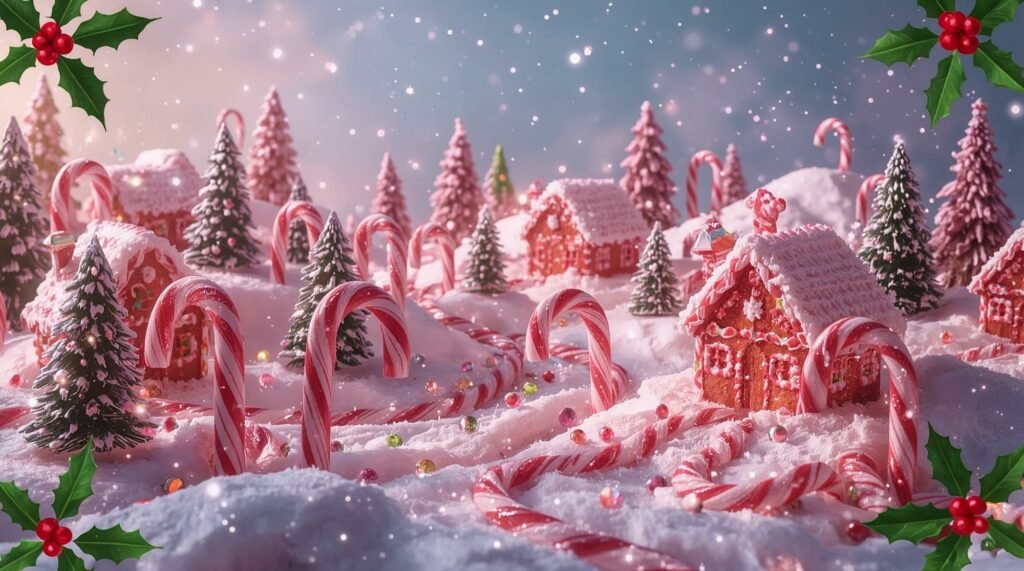 Desktop Christmas Candy Land: Vivid colors with striped candy and treats