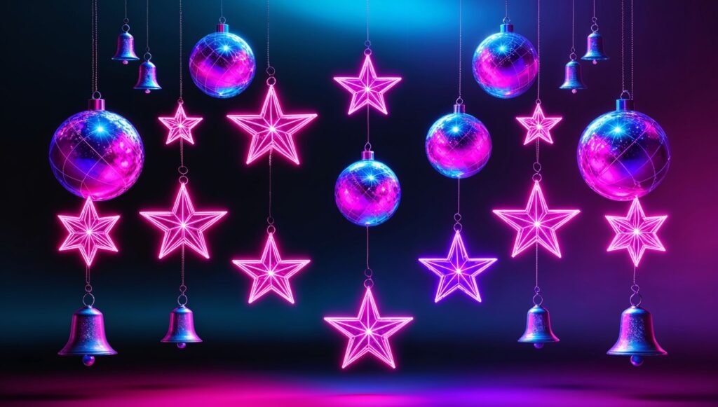 Floating Neon Ornaments Wallpaper: Glowing neon Christmas balls background