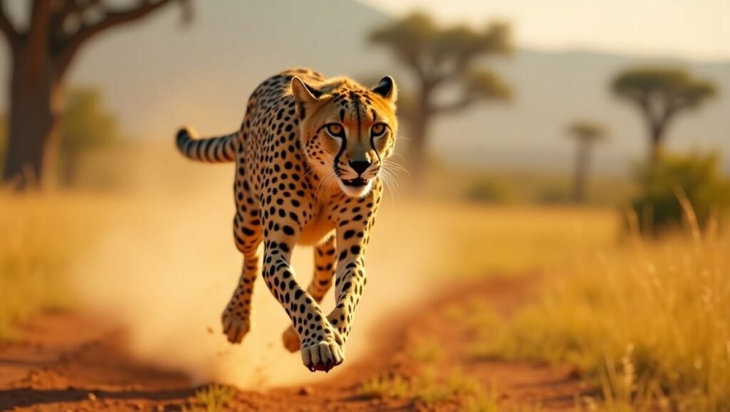 Cheetah running at full speed in the dust