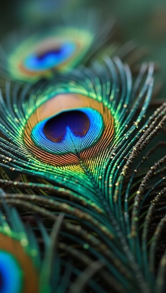 Vertical Close-up of Peacock Feathers Showcasing Texture