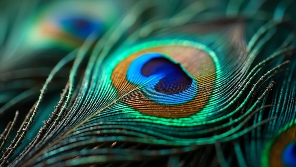 Close-up of Intricate Peacock Feathers with Shimmering Detail