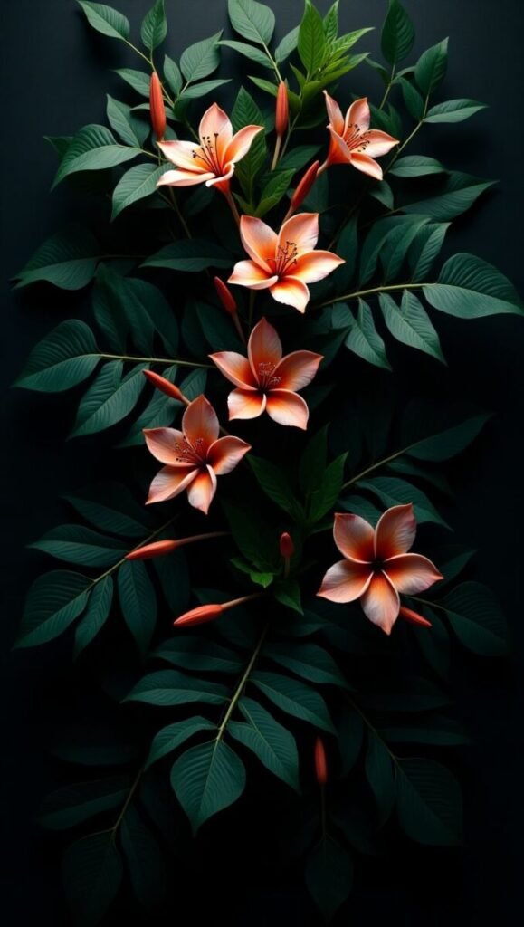 Vertical Dark Black Botanical Floral Wallpaper with Intricate Details