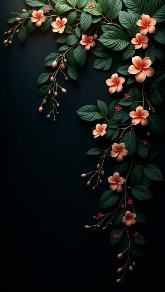 Vertical Dark Black Botanical Floral Wallpaper Pattern