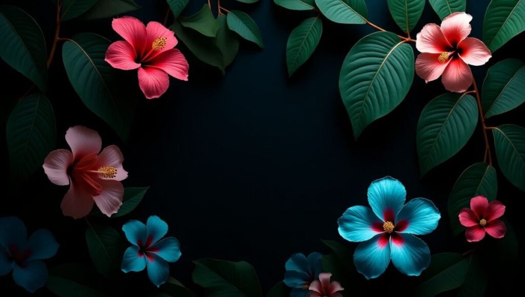 Dark Black Botanical Floral Wallpaper with Vibrant Tropical Blooms